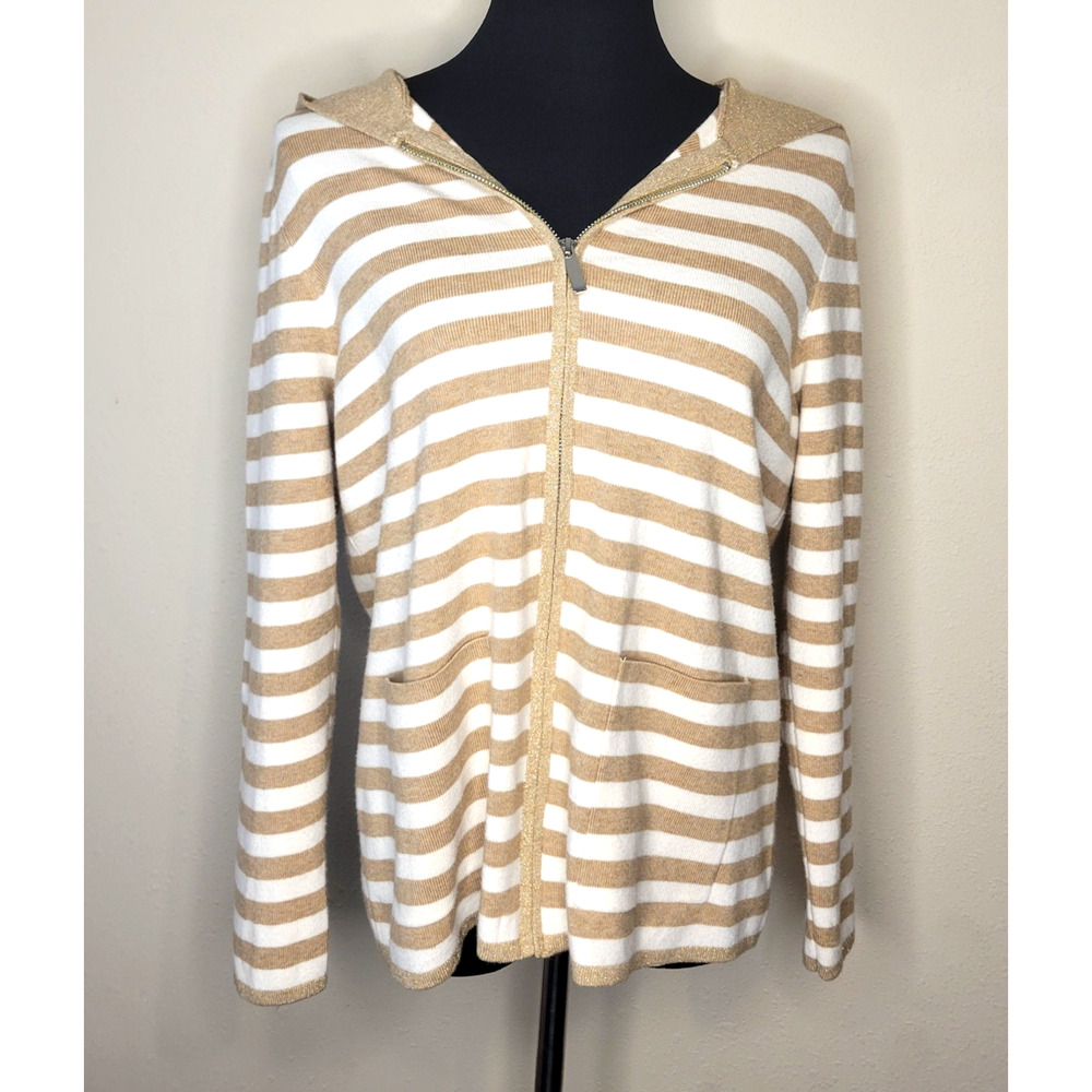 Chico’s Women’s 2 Zip Front Hooded Cardigan Sweater Metallic Knit Long Sleeve